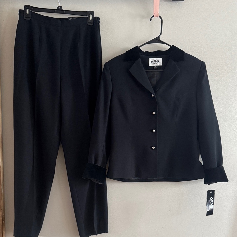 Kasper Black Pantsuit Set beautiful rhinestone buttons and velvet cuffs.